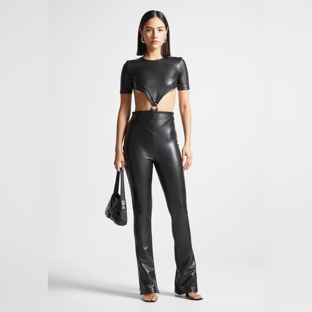 Maniere De Voir Vegan Leather Backless Jumpsuit - Black